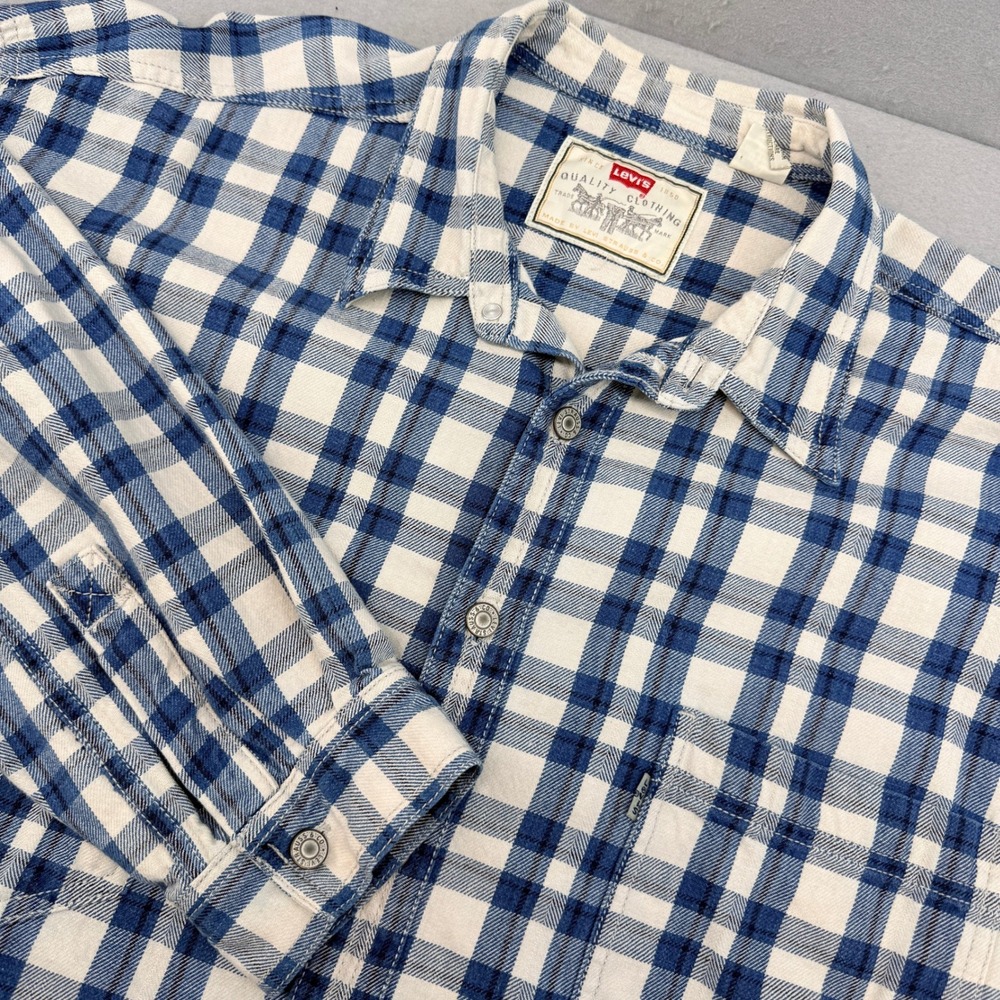 Levis Mens XL Vtg Blue White Plaid Cotton Button‎ Down Long Sleeve Shirt WPL423
